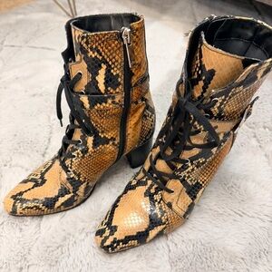 Snake-Effect Lace-Up Heeled Ankle Boots in Tan and Black